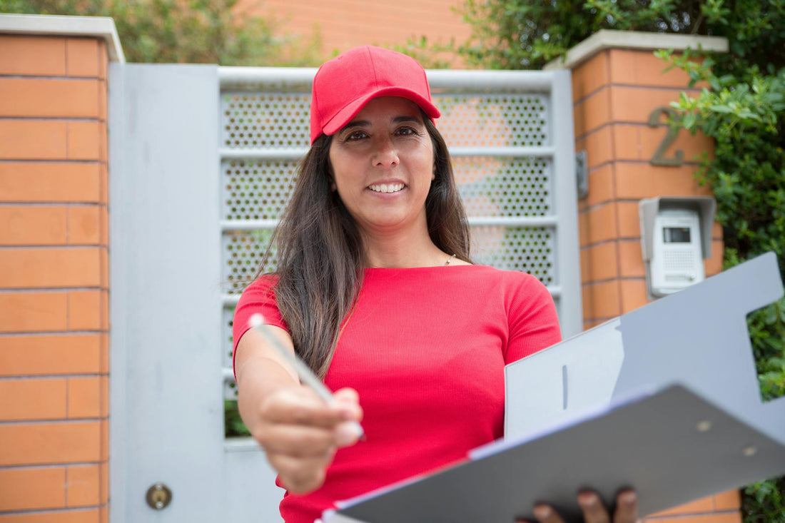 A young female courier in motion, confidently delivering a package to a happy customer, symbolizing the speed and efficiency of Q-Commerce for Shopify merchants