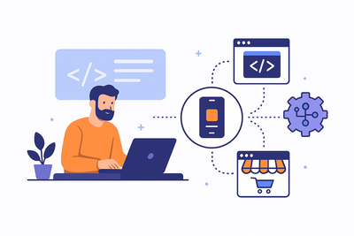 Illustration highlighting why top agencies choose white-label web and software development in 2025, featuring icons for coding, apps, APIs, and system integration.